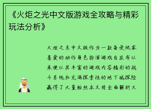 《火炬之光中文版游戏全攻略与精彩玩法分析》
